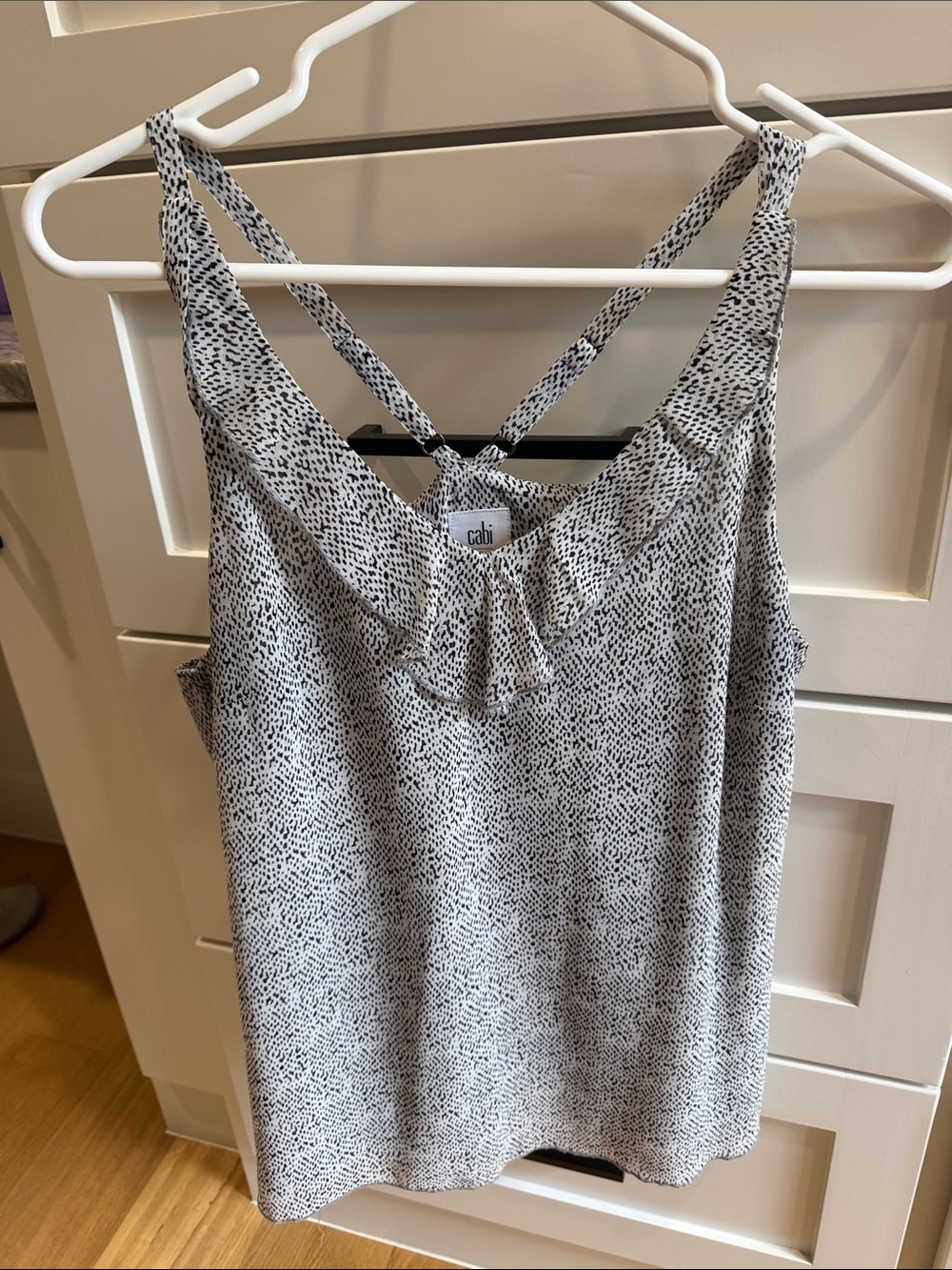 CAbi Black and White Micro Dot Ruffle Strap Camisole